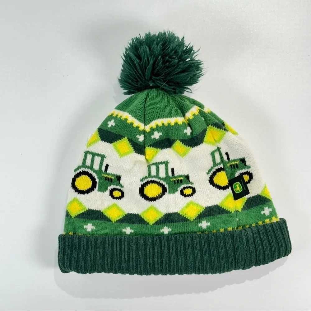 John Deere Kids Beanie Tractor Knit Winter Hat Pom Green